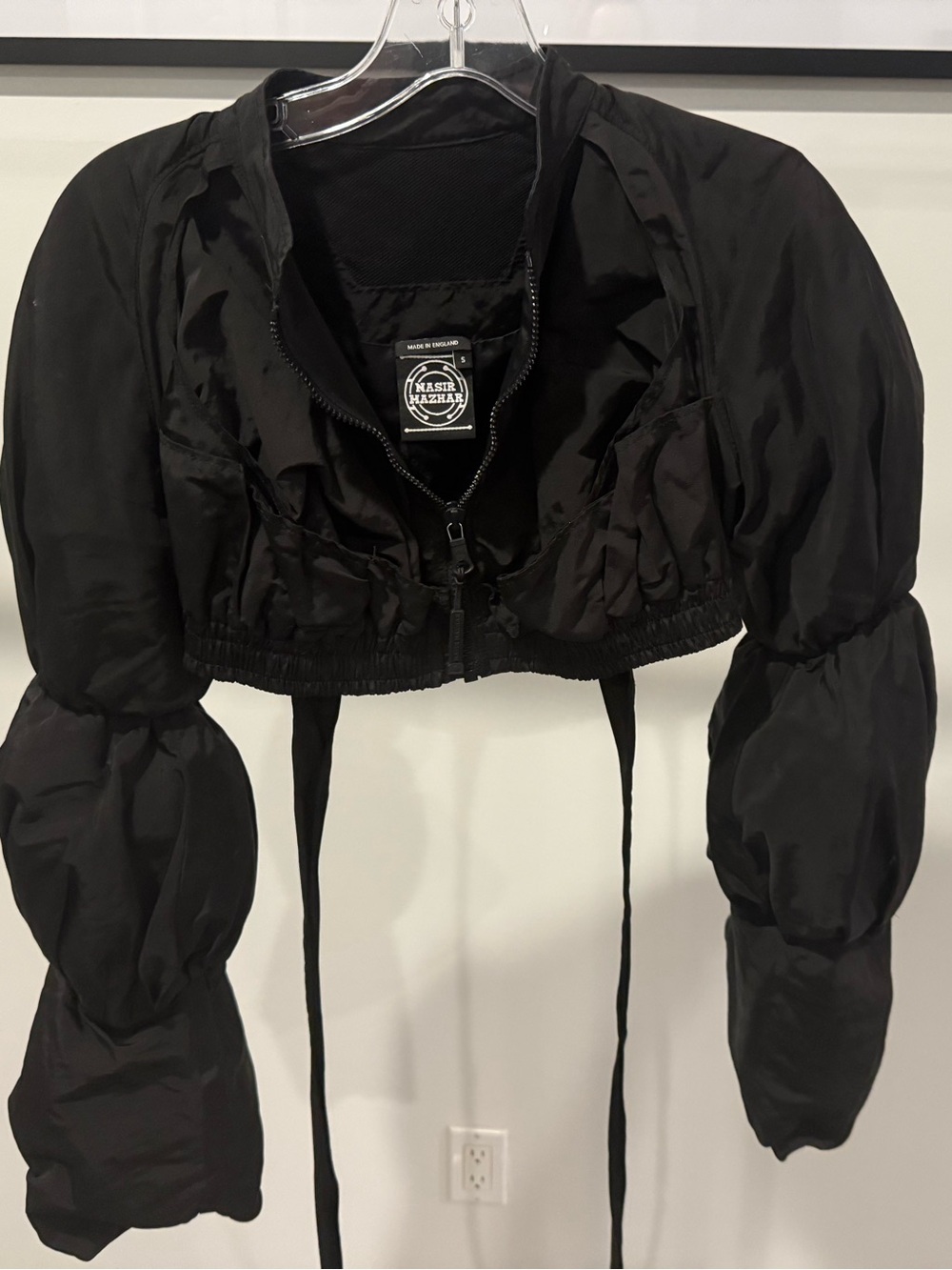 Nasir Mazhar Black Cropped Puff-Sleeve Bomber Jacket